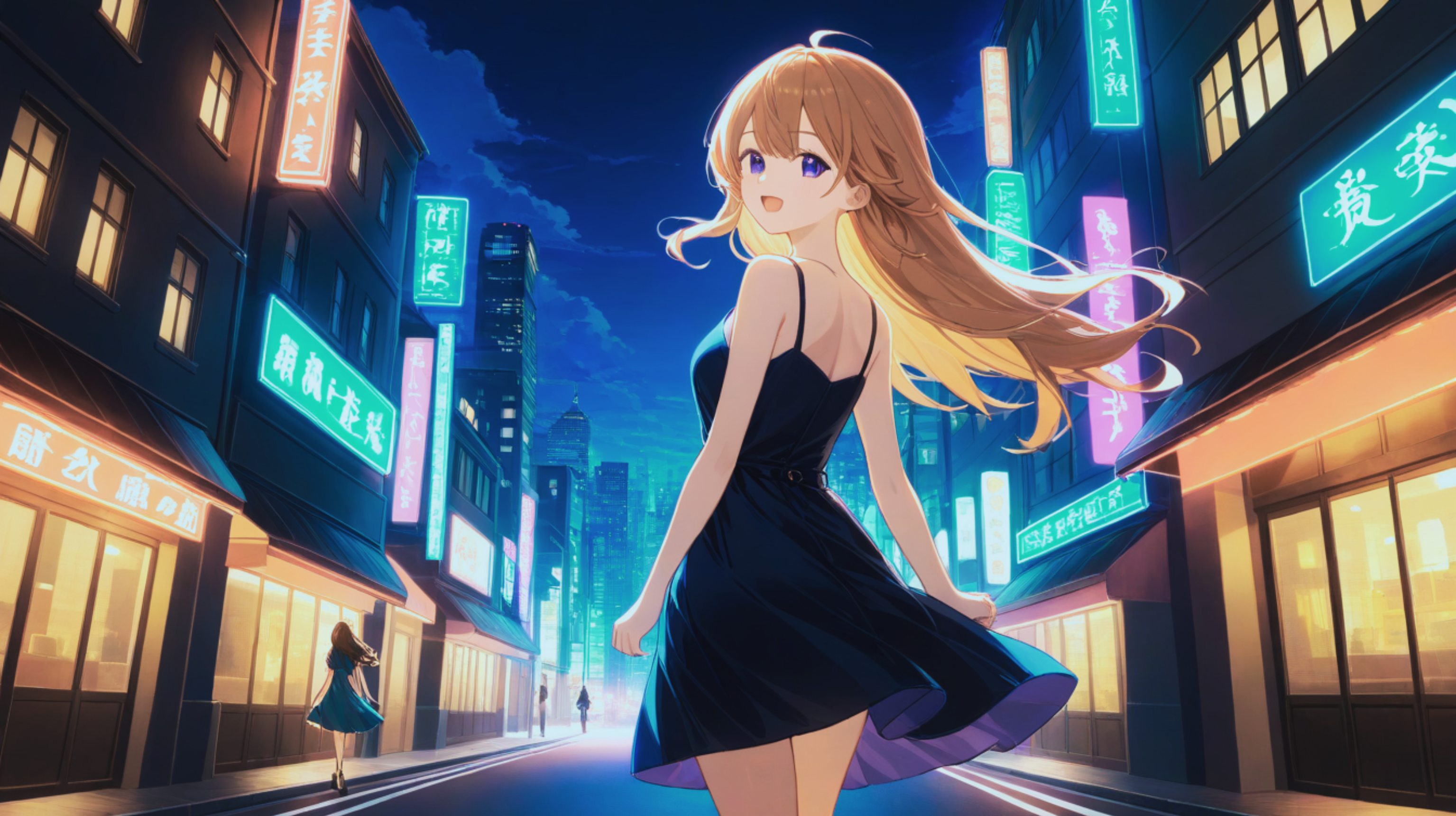 ワンピース姿の女の子が夜の街を歩いている